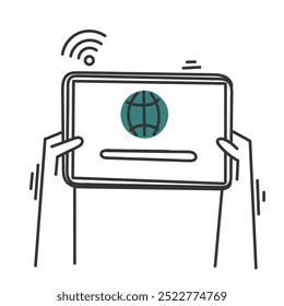 phone or tablet device with world globe symbol illustration and wireless signal in doodle cartoon