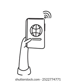 Telefon oder Tablet-Gerät mit Weltkugel-Symbol-Illustration und drahtloses Signal in Doodle-Cartoon