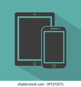 phone, tablet electronic  device outline icons template with shadow on a green background flat style,stylish vector illustration