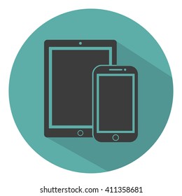 phone, tablet electronic  device outline icons template with shadow on a green background flat style,stylish vector illustration for web design