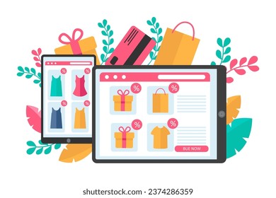 Phone and tablet with online shop on screen vector illustration. Cartoon drawing of mobiles devices with discounts in internet stores. Online shopping, sale, ecommerce, technology concept