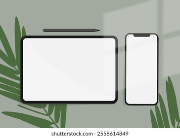 Phone and tablet with palm leaves on a green background. Vector mockup phone and tablet.