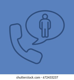 Phone talk about man linear icon. Handset with man inside speech bubble. Thin line outline symbols on color background. Vector illustration