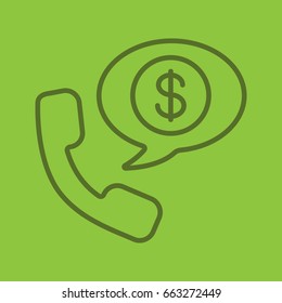 Phone talk about money linear icon. Handset with US dollar sign inside speech bubble. Thin line outline symbols on color background. Vector illustration