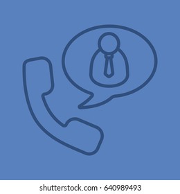 Phone talk with boss color linear icon. Handset with businessman inside speech bubble. Thin line outline symbols on color background. Vector illustration