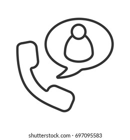 Phone talk with friend linear icon. Thin line illustration. Handset with man inside chat box. Contour symbol. Vector isolated outline drawing