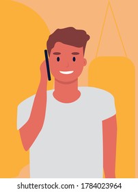Llamada telefónica. Milenés Chateando En Teléfono Celular De Fondo Naranja. Ilustración vectorial