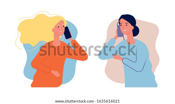 Phone talk. Women girlfriends have\
conversation. Call center help, girl need to talk. Mother and\
daughter cellphone dialog, parent care vector\
illustration
