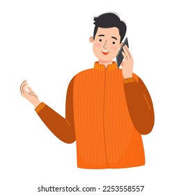 Phone talk. Young man talking by smartphone.  People communication. Dialogue by mobile phone. Technology, distance