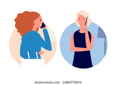 Phone talking. Call mother, women talking cellphone. Daughter has conversation with elderly mom. Dialogue by smartphone vector illustration