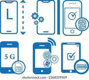 Juego de iconos de especificaciones tecnológicas de teléfono, conjunto de iconos de tecnología vector azul