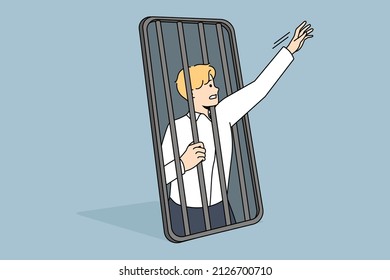 Phone and technologies addiction concept. Young stressed businessman trying to get freedom from smartphone cell feeling slave vector illustration 