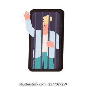 Concepto de adicción al teléfono y las tecnologías. Joven empresaria estresada tratando de liberarse de la sensación de esclavitud en los teléfonos inteligentes. Ilustración del vector
