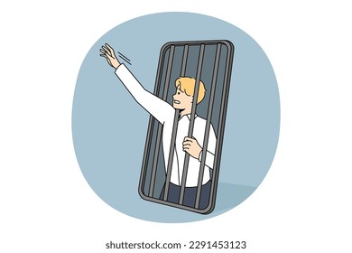 Konzept der Telefon- und Technologieabhängigkeit. Junge gestresste Geschäftsmann versucht Freiheit von Smartphone-Handy-Slave-Vektorgrafik zu bekommen