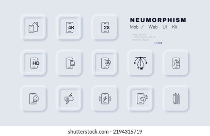 Phone technologies set icon. 4K, 2X speed, HD video, memory card, color scheme, navigator, sim cards, battury charge, screen stylus. Apps concept. Neomorphism style. Vector line icon for Business.