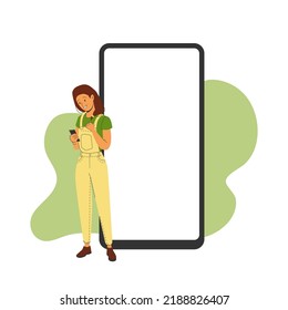 Phone template with correspondence next to a joyful woman. Vector illustration