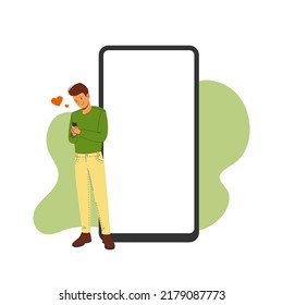 Phone template with correspondence next to a man in love. Vector illustration
