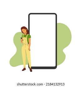 Phone template with correspondence next to a sad woman. Vector illustration