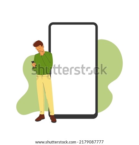 Phone template with correspondence next to a surprised man. Vector illustration