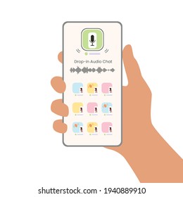 Phone template in hand. Mobile application with audio chat. User icons on social audio networks with microphones and hands. Sound wave, equalizer. Layout for interfaces. App Online. Flat. Vector