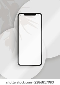 Plantilla de teléfono con sombra de rama de olivo en un fondo gris. Burla de vectores con lugar para tu diseño. EPS 10.
