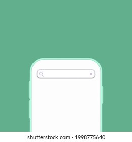 Phone template with search bar. 3d vector illustration. Smartphone front view on the green background for advertising. Searching in the internet with phone