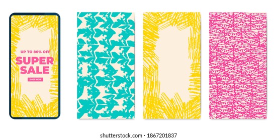Plantilla de teléfono conjunto texturas dibujadas a mano ilustración vectorial