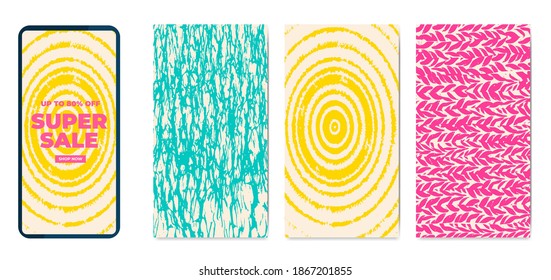Phone template set hand drawn textures vector illustration