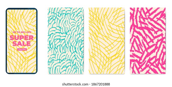 Phone template set hand drawn textures vector illustration