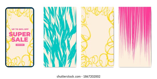 Phone template set hand drawn textures vector illustration