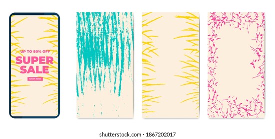 Plantilla de teléfono conjunto texturas dibujadas a mano ilustración vectorial