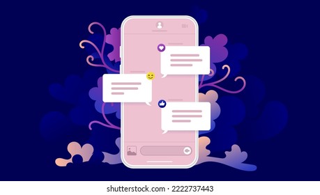 Phone with text messages - Smartphone with chat message on screen in beautiful colours and decorative background. Flat vector design illustration