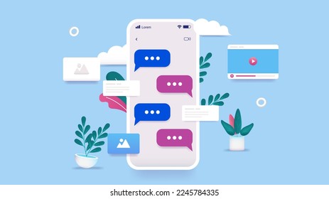 Phone text messages - Smartphone screen with texting and sending photos and videos. Digital communication concept, vector illustration with blue background