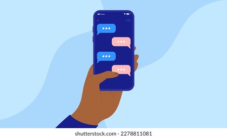 Phone texting - Hand holding mobile phone with text messages on screen. Flat design vector illustration with blue background