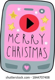 Das Telefon, das ein Weihnachtslied spielt. Einzelelement für Design. Weihnachten und Neujahr. Skandinavier. Einzeln auf weißem Hintergrund. Clipart. Postkarte, Aufkleber, Werbung. Cartoon-Stil.