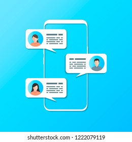 A phone with three replies SMS between people on the screen. Blue background.