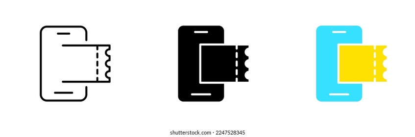 Phone with Tickets set icon. VIP place, star, thetre, exhibition, plane, flight, phone barcode, journey, envelope. Vector icon in line, black and colorful style on white background