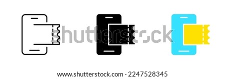 Phone with Tickets set icon. VIP place, star, thetre, exhibition, plane, flight, phone barcode, journey, envelope. Vector icon in line, black and colorful style on white background