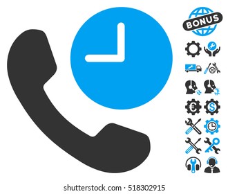 Phone Time icon with bonus setup tools pictograms. Vector illustration style is flat iconic blue and gray symbols on white background.