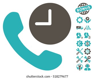 Phone Time icon with bonus tools design elements. Vector illustration style is flat iconic grey and cyan symbols on white background.