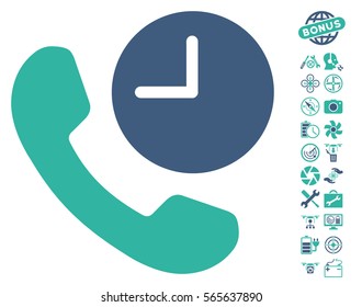 Phone Time icon with bonus uav service icon set. Vector illustration style is flat iconic cobalt and cyan symbols on white background.