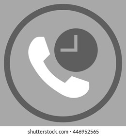 Phone Time vector bicolor icon. Image style is a flat icon symbol inside a circle, dark gray and white colors, silver background.