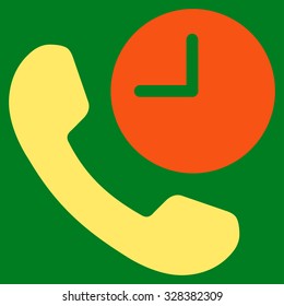 Phone Time vector icon. Style is bicolor flat symbol, orange and yellow colors, rounded angles, green background.