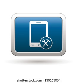 Phone with tools menu icon on the blue with silver rectangular button. Vector illustration