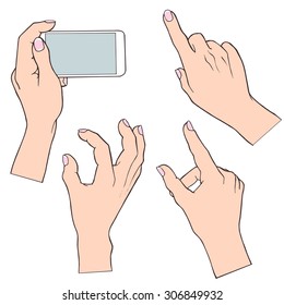 Phone touch gestures - pinch screen, touch  screen and unpinch screen. Female hands with french manicure, white smartphone. Vector illustrations collection.