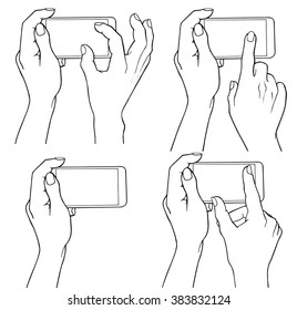 Phone touch gestures - pinch screen, touch screen and unpinch screen. Vector illustration outline isolated on white background.