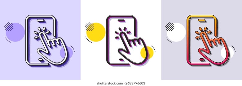 Icono de línea táctil del teléfono. Patrón punteado de semitono. Icono de degradado con sombra de grano. Signo de App de smartphone. Símbolo del dispositivo móvil del teléfono móvil. Icono del tacto del teléfono de la línea. Varios diseños. Vector