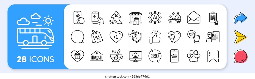 Phone touch, Mail and Waterproof line icons. Interest rate, AI generate, Inflation icons. Pack of Bus travel, Job interview, Web shop icon. Smartphone buying, Checkbox, Swipe up pictogram. Vector