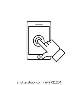 Phone touch screen with finger outline icon, vector line symbol.