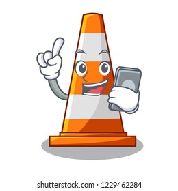 With phone traffic cone on road cartoon shape